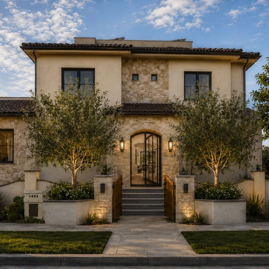 Everts residence stone and stucco facade framed by olive trees at dusk